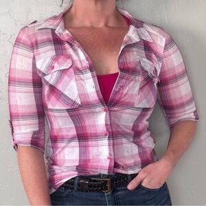 Union Bay Plaid Pink Button-Up 3/4 Sleeve Shirt
